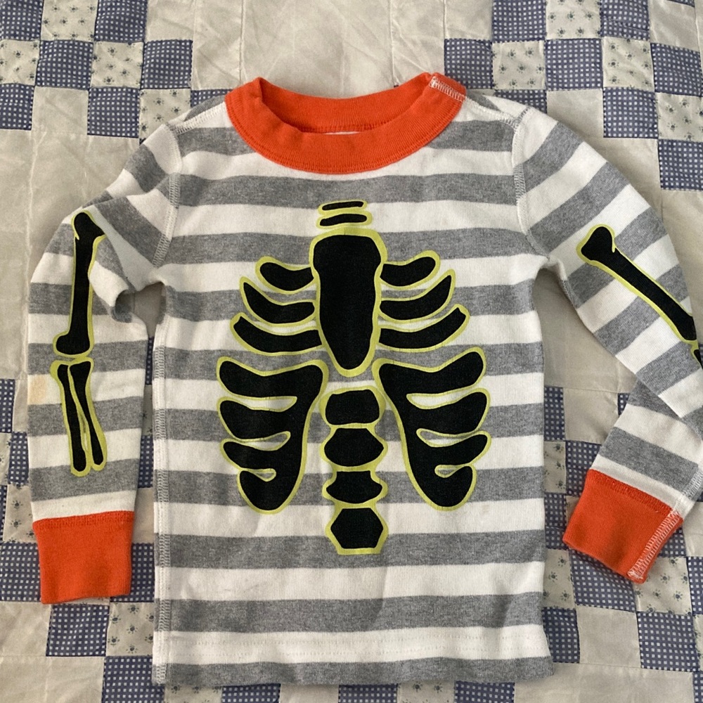 Hanna Andersson Gray and Orange Striped Skeleton Pajama Top